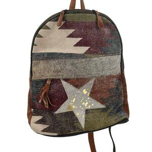 Myra Bag Multi-Colored Canvas Cowhide Leather Backpack Purse W/Adjustable Straps